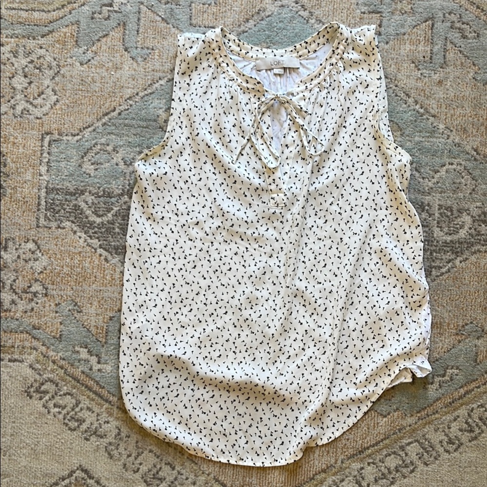 LOFT Cream Sleeveless Tie-Neck Printed Blouse